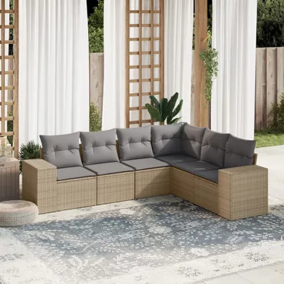Produktbild von Design 6-tlg. Garten-Sofagarnitur mit Kissen Beige Poly Rattan, Gartenmöbel-Sets 2024 Neu