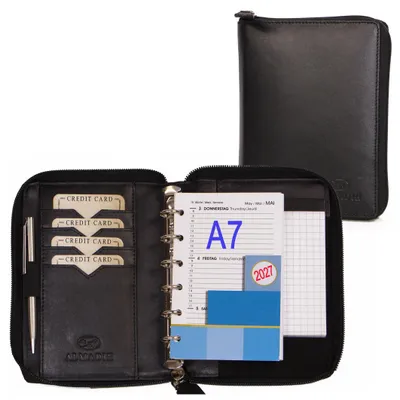 A7 Leder-Organizer mit Reißverschluss, Ringmechanik, schwarz