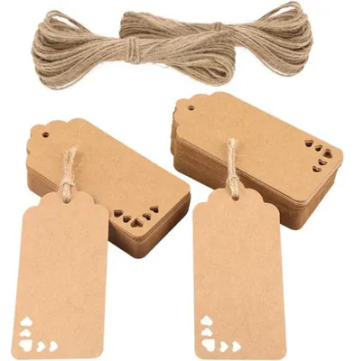 Immagine prodotto di Etichette regalo in carta kraft marrone, 100 pezzi, dimensioni 9,5 x 4,5 cm, con cordino di iuta per confezioni regalo