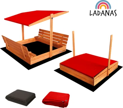 Produktbild von Ladanas® Sandkasten Holz- IMPRÄGNIERT -140 x 140 cm -Sandkiste Kinder incl. VLIES und ABDECKPLANE - faltbaren Bänken & verstellbarem Dach (red )- UV50- & Sonnendach