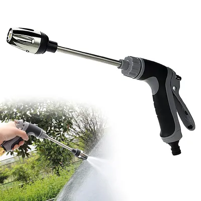 A collage showing a high-pressure water gun and a person using it to spray water.