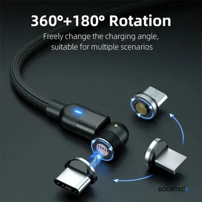 Produktbild von Magnet Ladekabel 3 Meter SOONTEC Magnetladekabel Datenkabel drehbar 360°&180° Micro USB/ USB-C/ Lightning 3,0A magnetisch (schwarz)