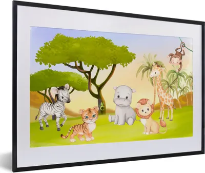Produktbild von MuchoWow® Gerahmtes Poster Dschungel - Tiere - Kind 60x40 cm - Poster mit Schwarzem Bilderrahmen Wandposter Rahmen Foto Bilder - Schlafzimmer - Plakat in Rahmen - Drucken
