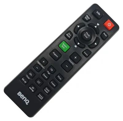 A black remote control with various buttons is shown against a white background.
