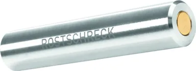 A silver cylindrical object with a gold circular insert at one end, with text etched onto its surface.