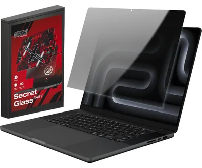 Produktbild von Hybrides Sichtschutzglas für MacBook Pro 16" M5 Pro 2026, Grizz SecretGlass Easy mit Applikator, Matt