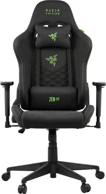 A black gaming chair with green Razer logos and text.