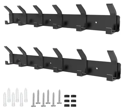 Produktbild von Wandgarderobenhaken, 2er-Set mit 6 Haken, Metallgarderobenhaken, Garderobenständer für Schlafzimmer, Badezimmer, Küche, Kleiderschrank, Wandgarderobe (schwarz)