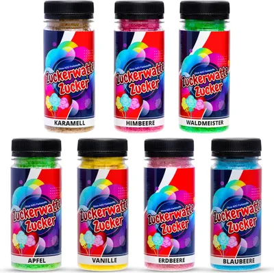 Produktbild von Zuckerwatte Zucker Set 7 Sorten je 100g für Zuckerwatte Maschine AZO Frei Aromazucker Farbzucker Backen Dekorieren