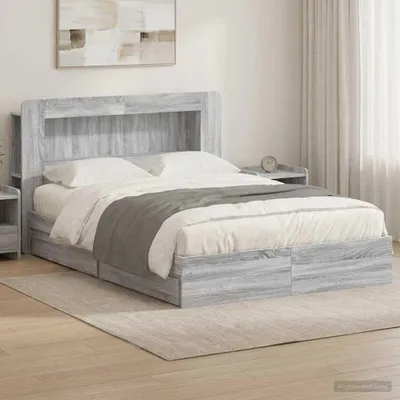 Image de Lit double exclusif avec rangement, coloris gris Sonoma, dimensions 160 x 200 cm, fabriqué en panneaux de particules