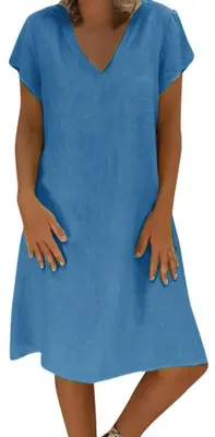 Imagen del producto de Vestido de verano para mujer, confeccionado en algodón y lino, con cuello en V y mangas cortas, corte en línea A