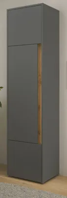 A tall, narrow cabinet with a matte gray finish and a vertical wood-grain accent.
