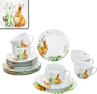 Produktbild von 18tlg Kaffeeservice Osterfreude Porzellan 6 Pers Tassen Untertassen Ostern Hase