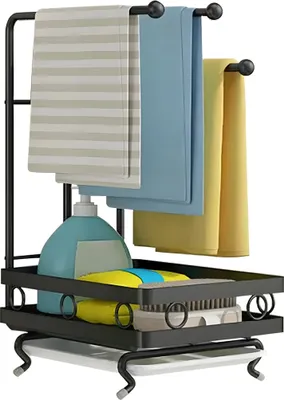 Produktbild von Heikoeco® Spülbecken Organizer, Metall Küchen Organizer, Badezimmer Organizer mit Schwammhalter & 3 Lappenhalter & Abnehmbare Abtropfschale(Schwarz)