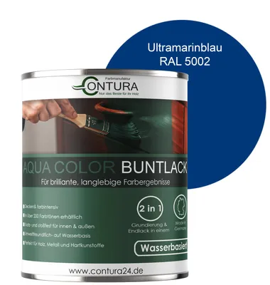 Produktbild von Contura 750ml. Buntlack Lackfarbe Lack Außen Innen Holz Metall Farbe Holzlack Möbellack - Seidenmatt - RAL 5002 Ultramarinblau