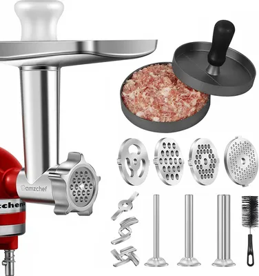 Produktbild von AMZCHEF Fleischwolf-Aufsatz für KitchenAid-Standmixer, Metall Fleischwolfaufsatz inklusive 3 Wurstfüllrohren und einem Halter, 4 Mahlplatten, 2 Mahlklingen, Burgerpresse, Reinigungsbürste
