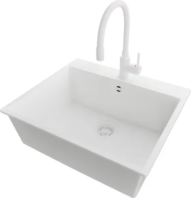 Produktbild von PRIMAGRAN Granitspüle Alles Weiß 58x50cm, Spülbecken 1 Becken + Küchenarmatur 38x14cm + Ablauf-Set, Küchenspüle ab 60er Unterschrank - Riga