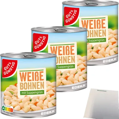Produktbild von Gut & Günstig Weisse Bohnen mit Suppengrün 3er Pack (3x800g Dose) + usy Block