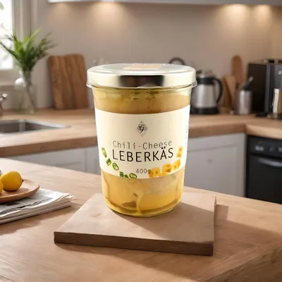 Produktbild von Chili-Leberkäse im Glas – Mit Käse & Peperoni – Metzgerei Guber – zum Aufbacken im Ofen
