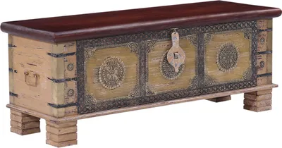 Zdjęcie produktu dla Marrakech vintage ławka dekoracyjna z miejscem do przechowywania wykonana z drewna 116cm wysokości | skrzynia drewniana z pokrywą Cebrail jako meble do salonu sypialni | ławka ławka na buty z siedziskiem do przedpokoju jako meble do przedpokoju
