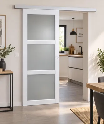 Immagine prodotto di Porta scorrevole Kenya bianca con vetro H204 x L93 cm, binario in alluminio, conchiglie bianche Gd Menuiseries