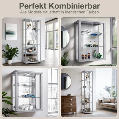 Produktbild von K-Möbel Glasvitrine stehend in Alu / Silber (176x37x33 cm) mit 4 höhenverstellbaren Glasböden & LED - Standvitrine - Vitrinenschrank - Sammlervitrine