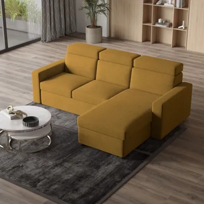 Produktbild von Masseno Ecksofa PADWA mit Schlaffunktion L-Form, Sofa mit Bettkasten, Wohnzimmersofa, Couch, Soffa, Bettsofa, Couchgarnitur- Gelb, POSO 01
