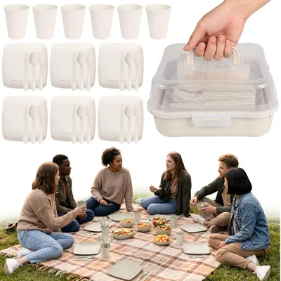 Produktbild von Beiges Picknick-Set, Campinggeschirr-Set im Behälter – 32-teiliges Outdoor-Geschirr für Camping & Reisen