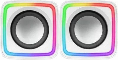 Two white cube-shaped speakers with RGB lighting around the edges.