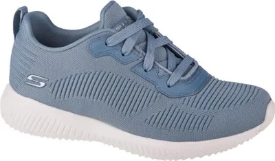 A single blue Skechers Bobs Squad Tough Talk sneaker is shown from a side angle against a white background.