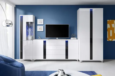 Produktbild von Wandschrank Marco 7 Wohnzimmermöbel Set + Led (Weiss/Schwarz)