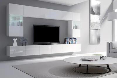 Produktbild von Selsey - Wohnwand / Wohnzimmer Set KIRDON groß mit 2 x TV-Hängeboard, 2 x Hängevitrinen und 2 x Hängeboards (Weiß matt / Weiß Hochglanz mit LED in Weiß)
