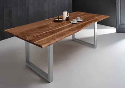 Produktbild von Refurbished Möbelretoure Esstisch Baumkante massiv Akazie nussbaum 260 x 100 U-Gestell silber MILO