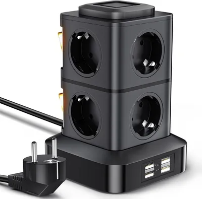 Productafbeelding van Stekkerdoos met torenschakelaar - Piekspanningsbeveiliging en overspanningsbeveiliging - 8 stopcontacten - 4 USB-poorten