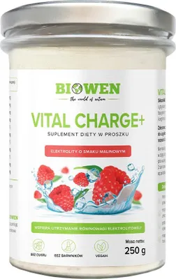 Obrázok produktu pre ELEKTROLYTY S MALINOVOU PRÍCHUŤOU PRÁŠOK VITAL CHARGE+ 250 g - KONOPOVKA (BIOWEN)