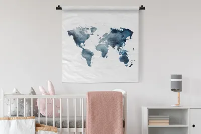 Produktbild von MuchoWow® Wandteppich Wandbehang Weltkarte - Aquarell - Blau 90x90 cm Tapisserie Dekoration Wandtuch - Wandaufhänger