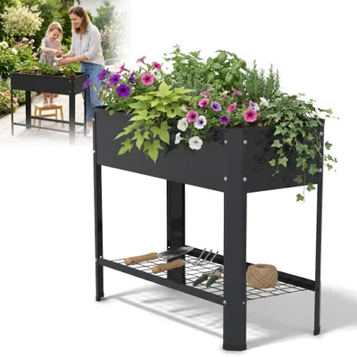 Produktbild von XMTECH Hochbeet Metall 80x35x80 cm ohne Rollen – verzinkter Stahl Pflanzkasten Garten Balkon Gemüsebeet mit Ablage Schwarz