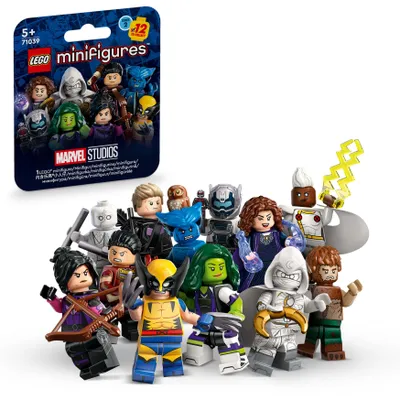 A collection of LEGO Marvel minifigures arranged in front of their packaging.