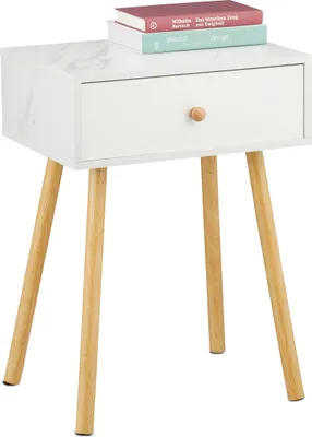 Obrázok produktu pre Nočný stolík Relaxdays, 1 ks, zásuvka, vzhľad mramoru a dreva, rozmery: 55x40x32 cm, spálňa, nočný stolík, biela/prírodná