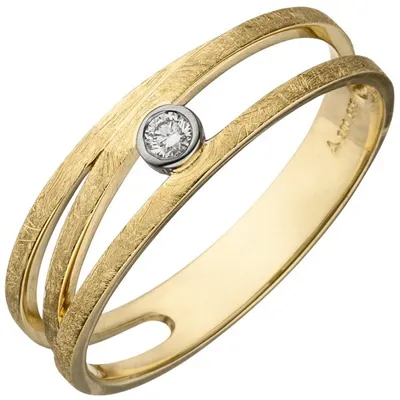 Produktbild von Gr. 58 - Damen Ring 585 Gold Gelbgold bicolor eismatt 1 Diamant Brillant Diamantring