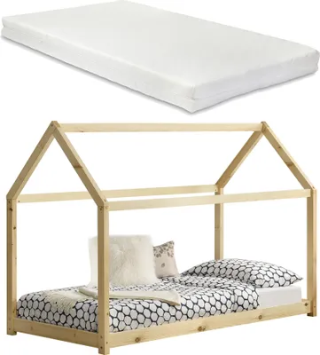 Produktbild von [en.casa] Kinderbett mit Matratze 90x200cm Natur Holz Haus-Design Kiefernholz Bett Holzbett Hausbett Kaltschaummatratze  Standard 100 Allergikergeeignet Atmungsaktiv
