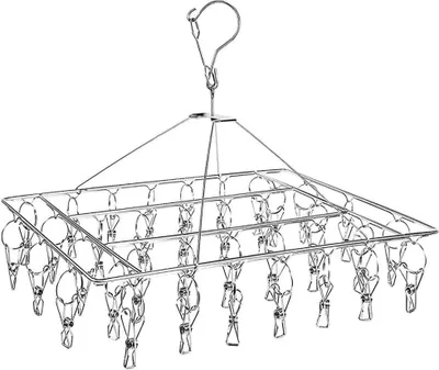A stainless steel sock dryer with 36 clips, suspended from a hook against a white background.
