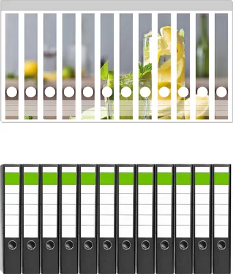 Produktbild von Wallario 12 Stück schmale Ordner inkl. Klebeetiketten mit Motive Cocktails mit Limetten und Zitronen -  Set mit Rückenschildern / Ordnerrücken Stickern
