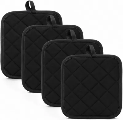 Produktbild von 4 Stück Topflappen in Schwarz, 18x18 cm, Waschbare Hitzebeständige Schutzlappen aus Baumwolle für Küche und Backen