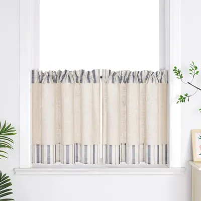 Produktbild von Joyswahl Scheibengardine HxB 60x145cm Leinen Bistrogardine mit grauen Streifen Küche Gardinen landhausstil Kurzstores Tunnelzug 1 Stück