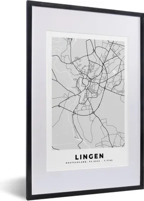 Produktbild von MuchoWow® Gerahmtes Poster Lingen - Karte - Stadtplan - Deutschland 40x60 cm - Poster mit Schwarzem Bilderrahmen Wandposter Rahmen Foto Bilder - Poster in Rahmen
