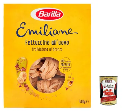 Produktbild von 3x Barilla Pasta all' Uovo Le Emiliane Fettuccine, Eiernudeln, Pasta mit Ei 500g + Italian Gourmet polpa 400g