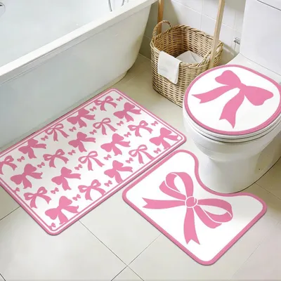 Image de Ensemble de tapis de bain 3 pièces, antidérapant, lavable, rose, pour salle de bain