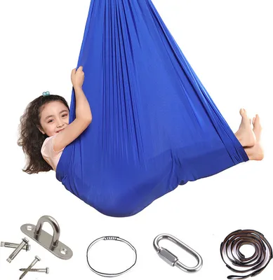 Produktbild von Kinderhängematte, verstellbare Yoga-Lufthängematte, Indoor-Therapie-Kuschelschaukel mit Deckenhaken & 4 Schrauben, 150 x 280 cm, Königsblau