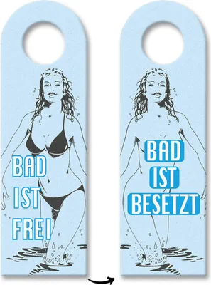 Produktbild von Bad ist besetzt - Bad ist frei Türhänger in blau mit einer Frau im Bikini